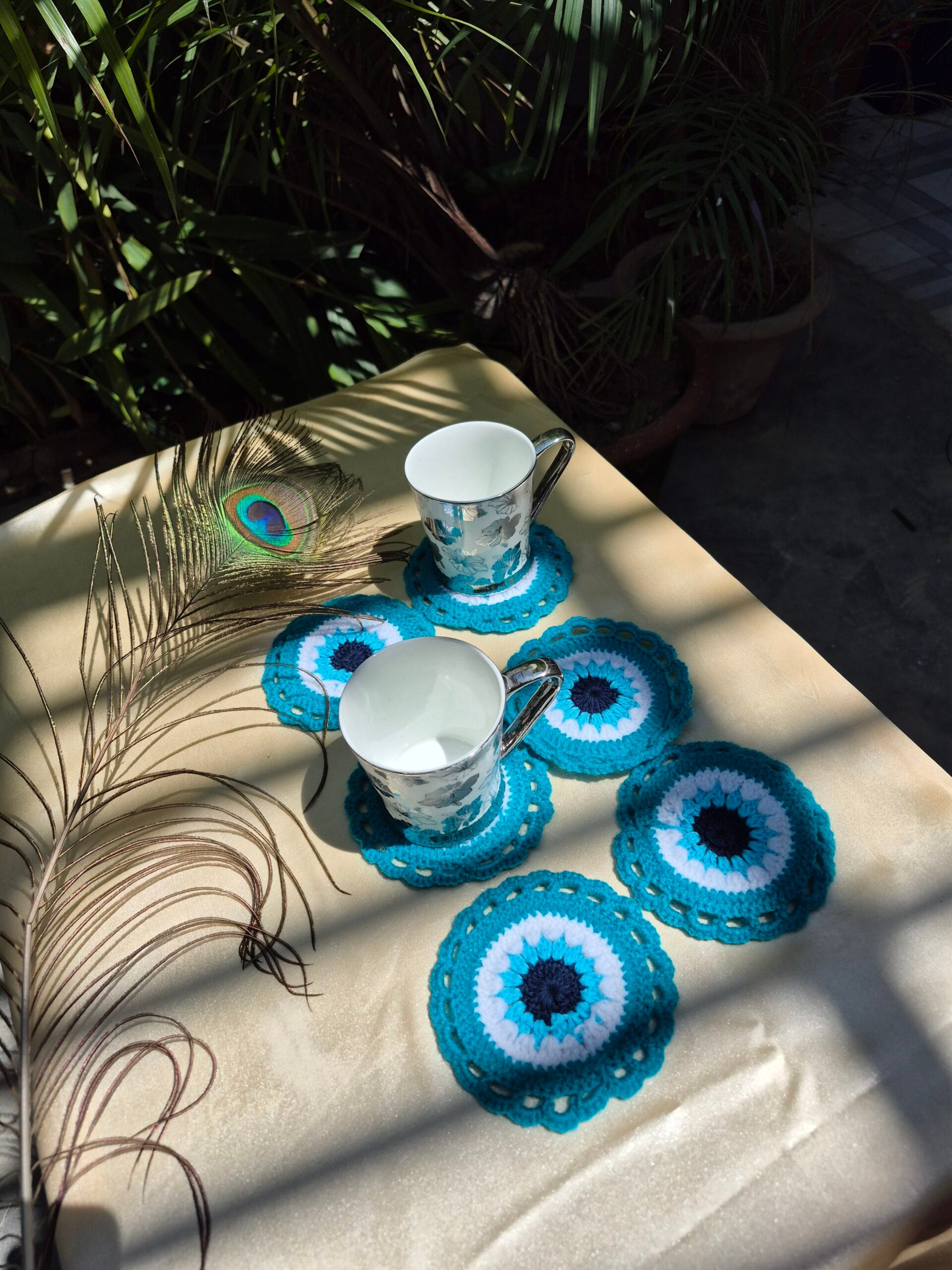 Handmade Crochet Cup Coasters – Elegant Blue Floral Design (Set of 6) - Image 5