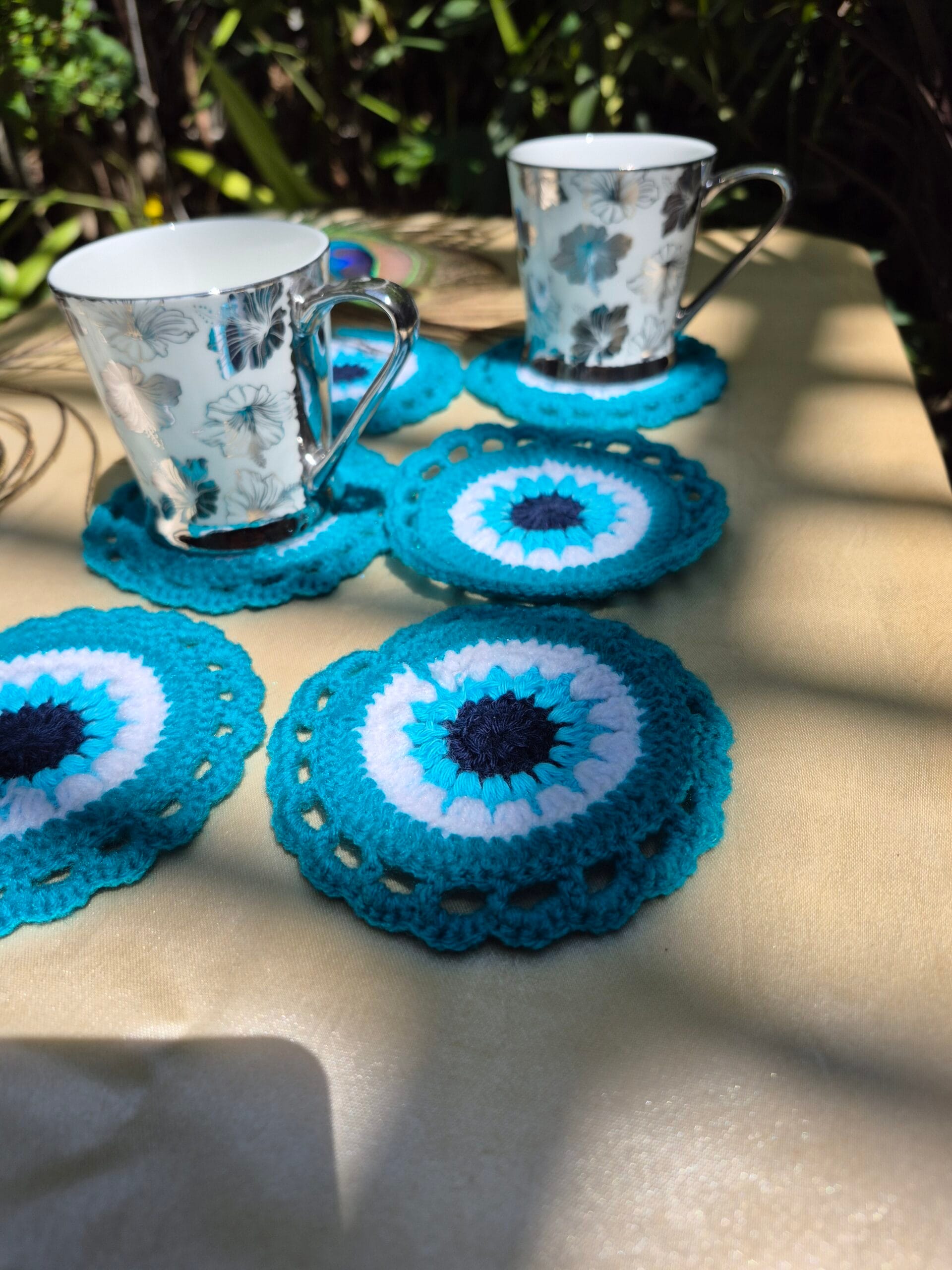 Handmade Crochet Cup Coasters – Elegant Blue Floral Design (Set of 6) - Image 2