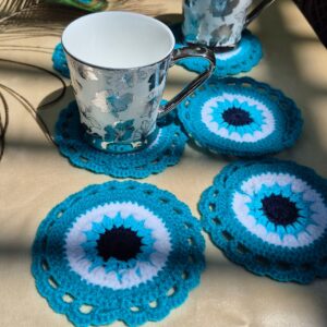 Handmade Crochet Cup Coasters – Elegant Blue Floral Design (Set of 6)