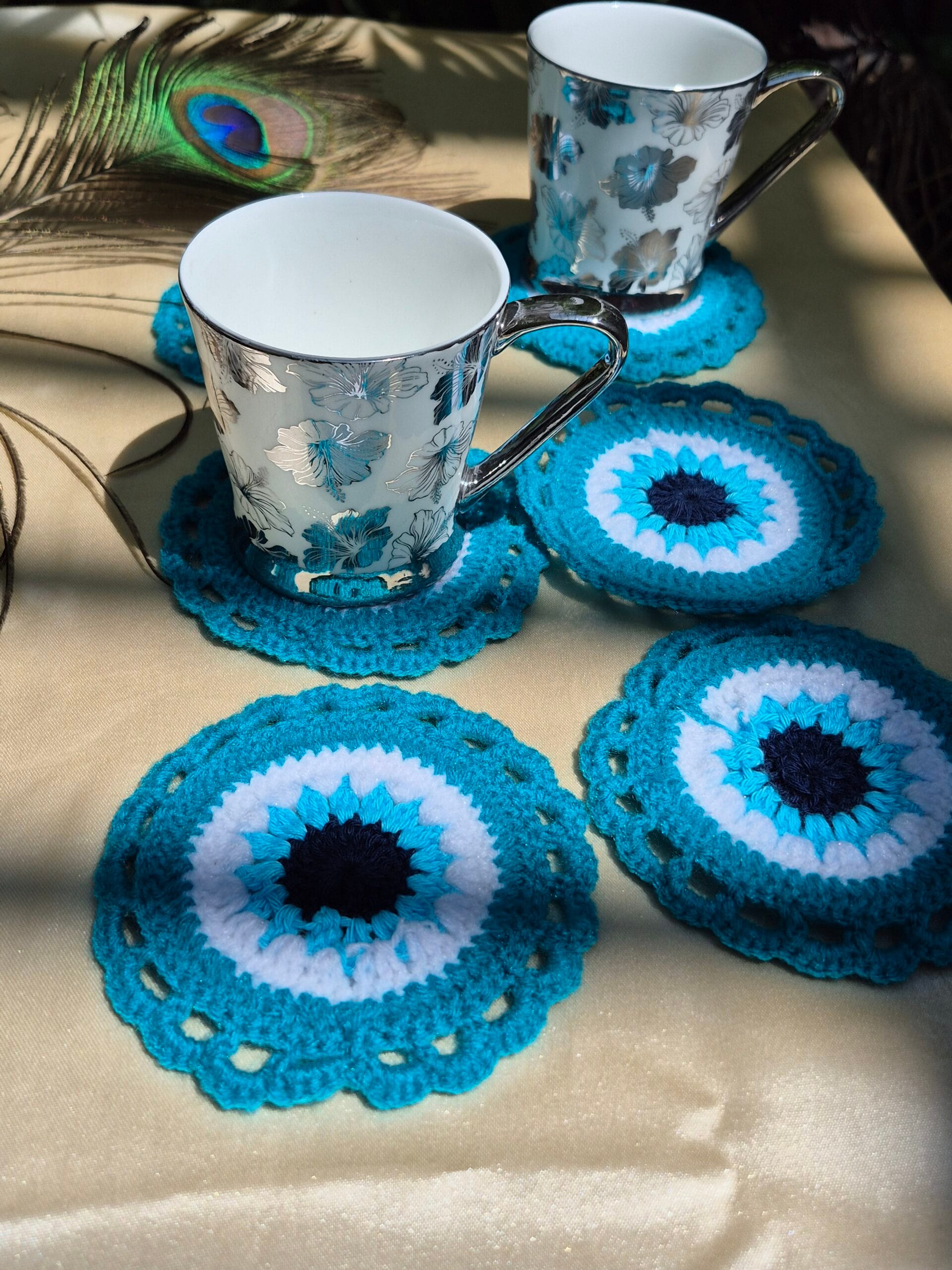 Handmade Crochet Cup Coasters – Elegant Blue Floral Design (Set of 6)