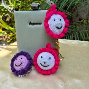 Handmade Crochet Smiley Flower Bag Charm with Bell - Purple & Pink