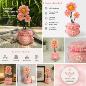 Handmade Crochet Flower Pot – Cute Mini Wool Vase with Decorative Beads | Aesthetic Desk Decor | Gift for Home & Office