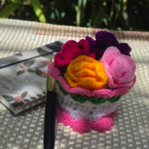 Handmade Crochet Floral Basket Pot – Mini Flower Arrangement