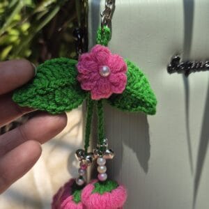 Floral Handmade Crochet Bag Charm with Bloom Bell (Pink & Yellow)