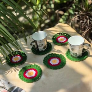Handmade Crochet Flower Cup Coasters Set Of 6 Green (4x4 Inches)
