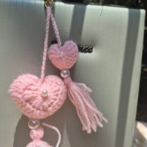 Handmade Pink Heart Crochet Bag Charm with Tassels