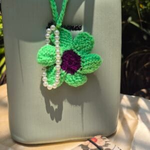 Handmade Green Flower Crochet Bag Charm with Pearl Loop