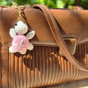 Handmade Crochet Keychain & Bag Charm – Cute Amigurumi Turtle- Pink with bag